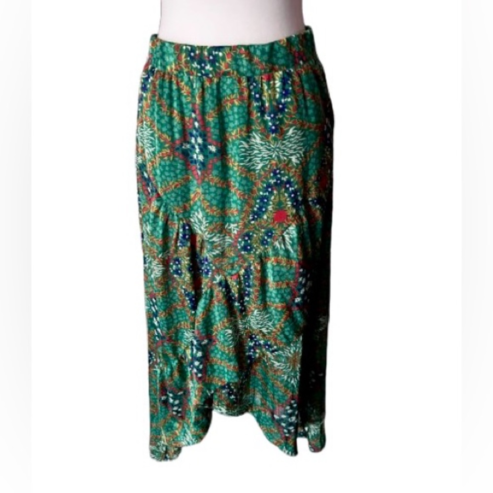 BA&SH Skirt Green Red Patterned Skirt Maxi Boho Floral Ruffle High Designer Midi